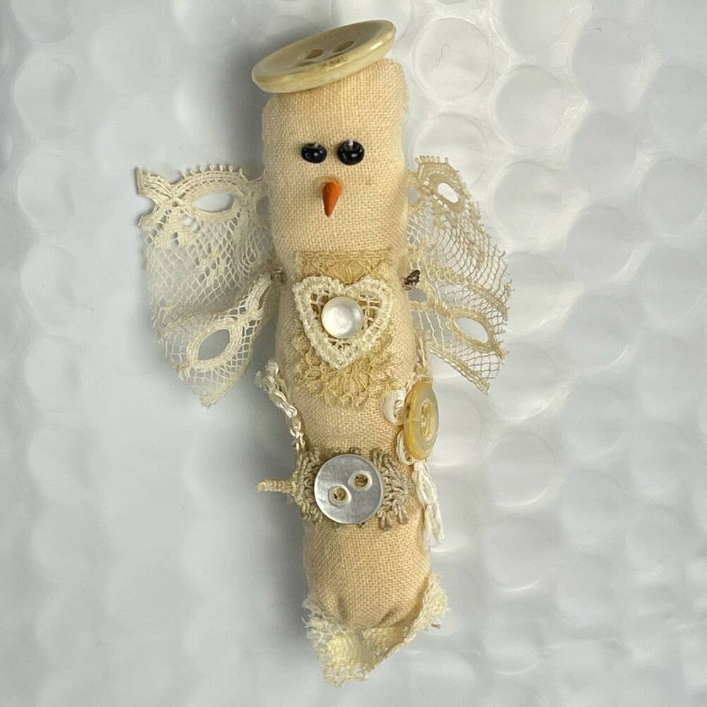 Vintage 80s 90s Handmade Textile Snowperson Angel Pin Brooch Lace Burlap Buttons